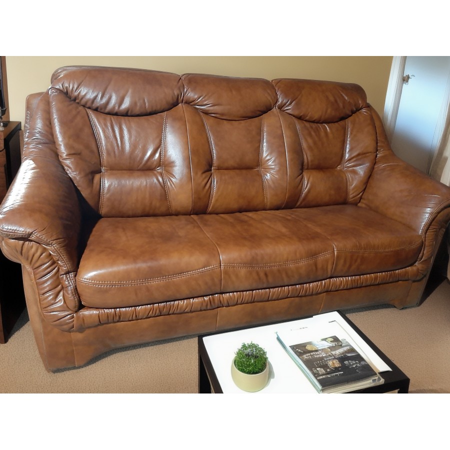 Кожаный диван 3 местный нераскладной Фатима (коричнеый)